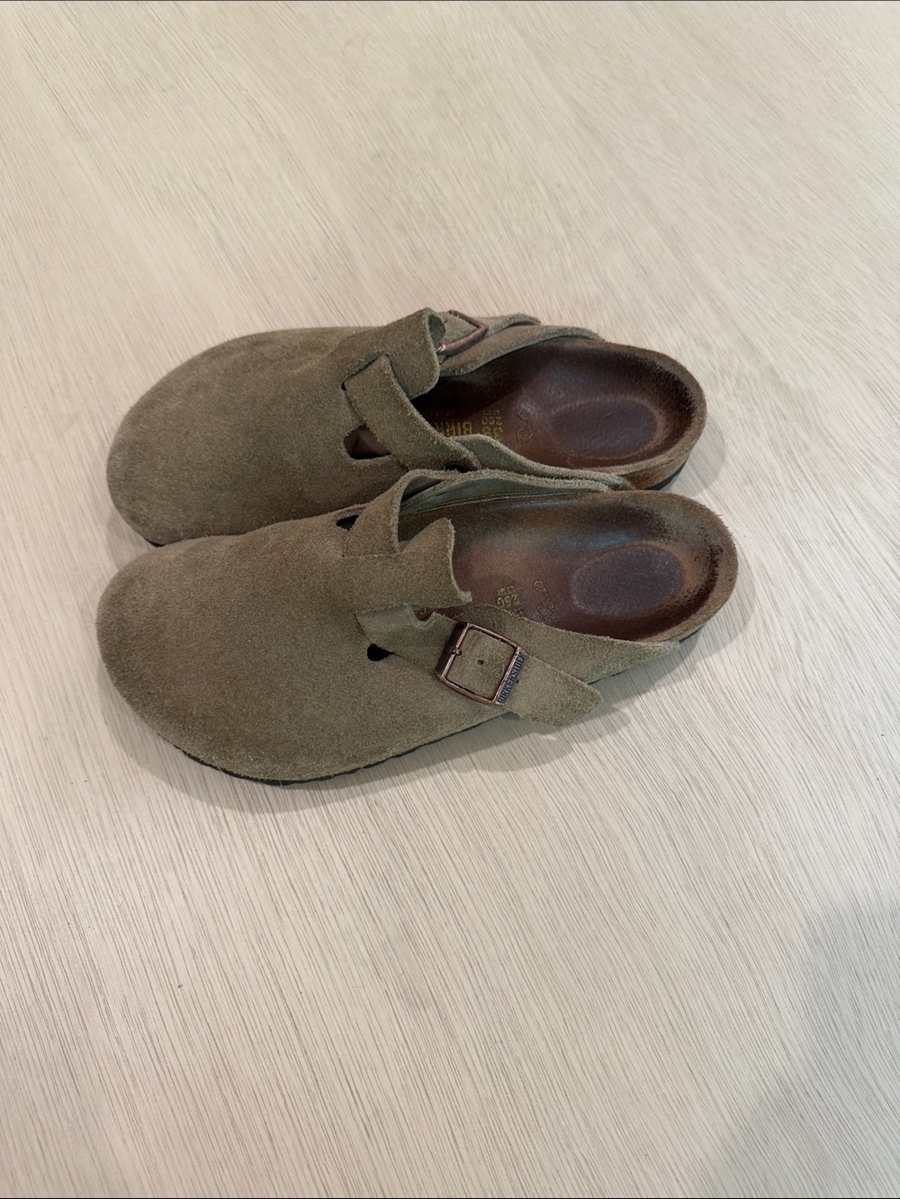 Birkenstock Olive Suede Slip-On Clogs with Buckle